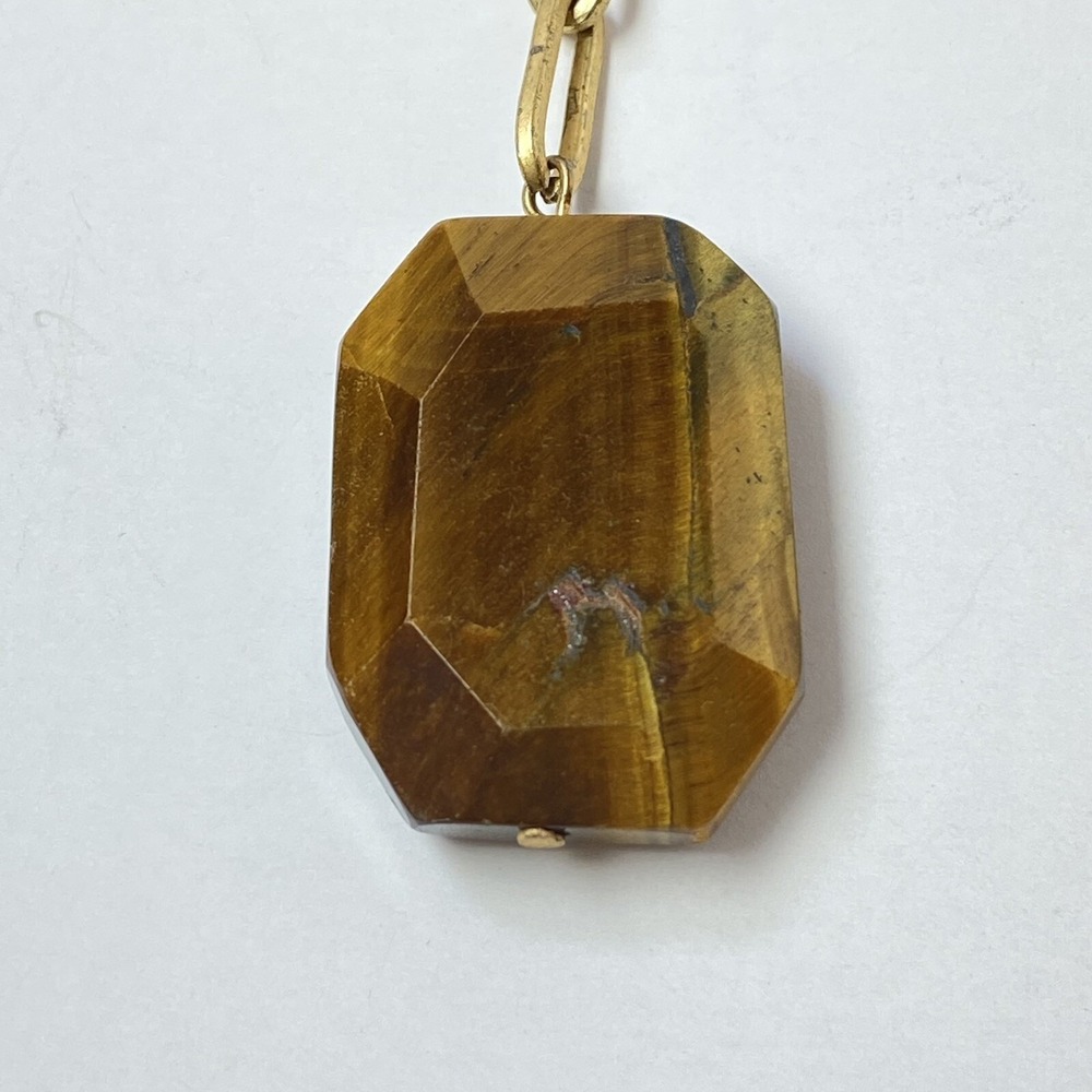 NY‎ Co Tigers Eye Necklace Faceted Rectangle Pendant Antique Gold Tone Y Drop